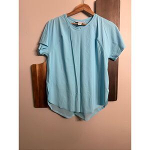 Athleta Raglan Short Sleeve Crew Neck Mesh Trim High Low Top Light Blue Small